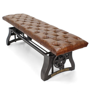 Crescent Industrial Dining Bench - Adjustable Iron Base - Brown Leather Seat - Rustic Deco Incorporated