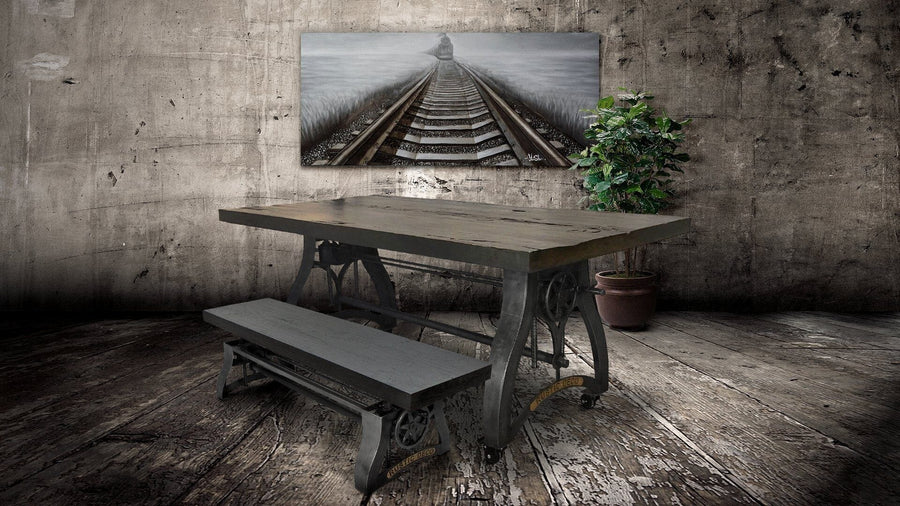 Crescent Industrial Dining Bench - Adjustable Iron Base - Rustic Ebony Seat - Rustic Deco Incorporated