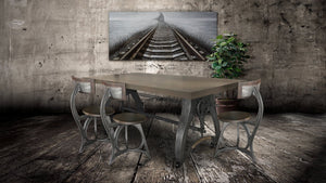 Crescent Industrial Dining Table - Adjustable Height - Casters - Ebony Top - Rustic Deco Incorporated