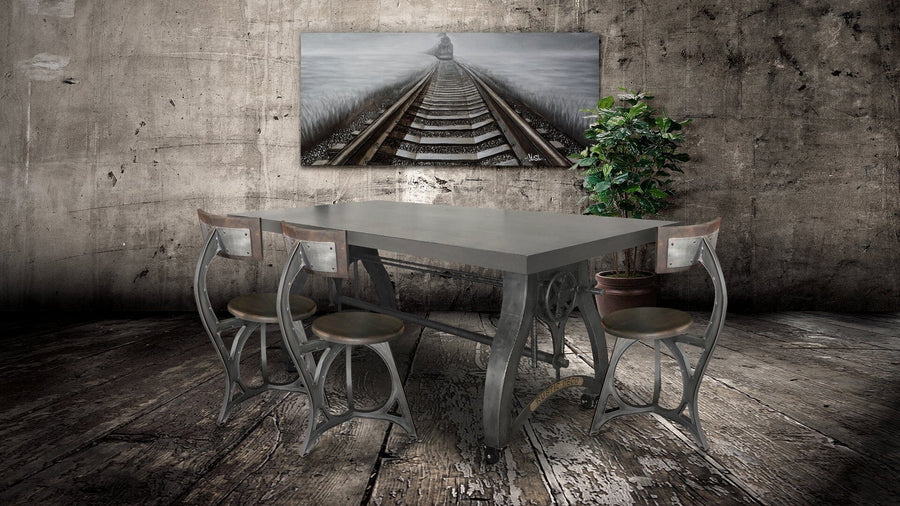 Crescent Industrial Dining Table - Adjustable Height - Casters - Gray Top - Rustic Deco Incorporated