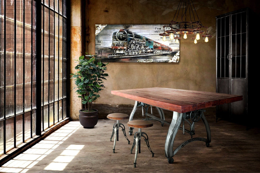Crescent Industrial Dining Table - Adjustable Height - Casters - Rustic Natural - Rustic Deco Incorporated