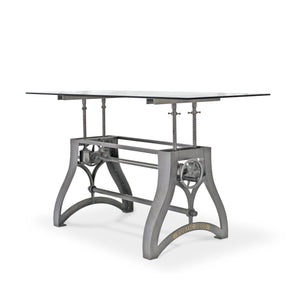 Crescent Writing Table Desk - Adjustable Height Metal Base - Glass Top - Rustic Deco Incorporated
