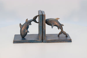 Dolphin Bookends - Sea Blue over Brass - Metal - Cast Iron - Pair - Rustic Deco Incorporated