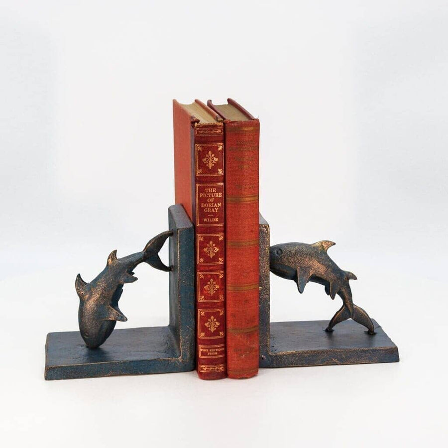 Dolphin Bookends - Sea Blue over Brass - Metal - Cast Iron - Pair - Rustic Deco Incorporated