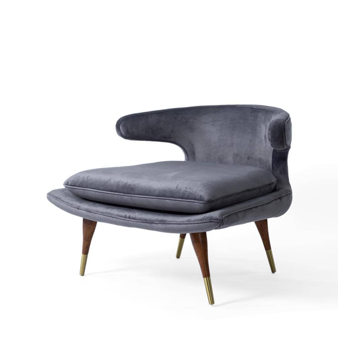 Eider Mid-Century Modern Danish Velvet Chair - Dark Grey - Brass Tips - Rustic Deco Incorporated