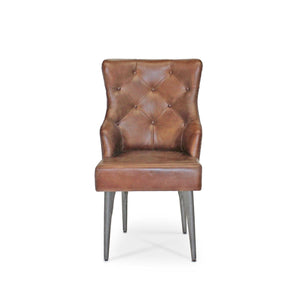 Farmhouse Luxury Dining Chair - Tufted Brown Leather - Metal Legs - Pair - Rustic Deco Incorporated