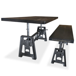 Industrial Adjustable Height Dining Table Set – Matching Bench - Ebony - Rustic Deco Incorporated