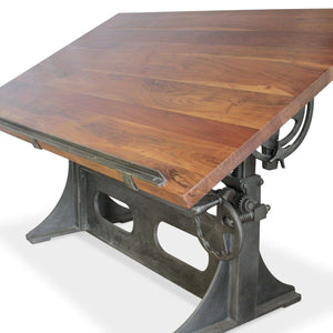 Industrial Adjustable Height Drafting Desk - Tilting Top - Cast Iron Base - Rustic Deco Incorporated