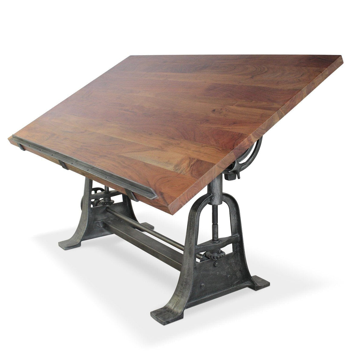 Industrial Architect's Drafting Desk - Adjustable Crank Cast Iron Base - Tilt Top - Rustic Deco Incorporated