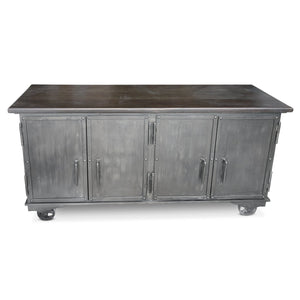 Industrial Bar Cart - Metal Console Cabinet - Solid Wood Top - Iron Casters - Rustic Deco Incorporated