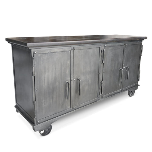 Industrial Bar Cart - Metal Console Cabinet - Solid Wood Top - Iron Casters - Rustic Deco Incorporated