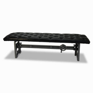 Industrial Dining Bench Seat - Cast Iron Base - Adjustable Black Leather Top - Rustic Deco Incorporated
