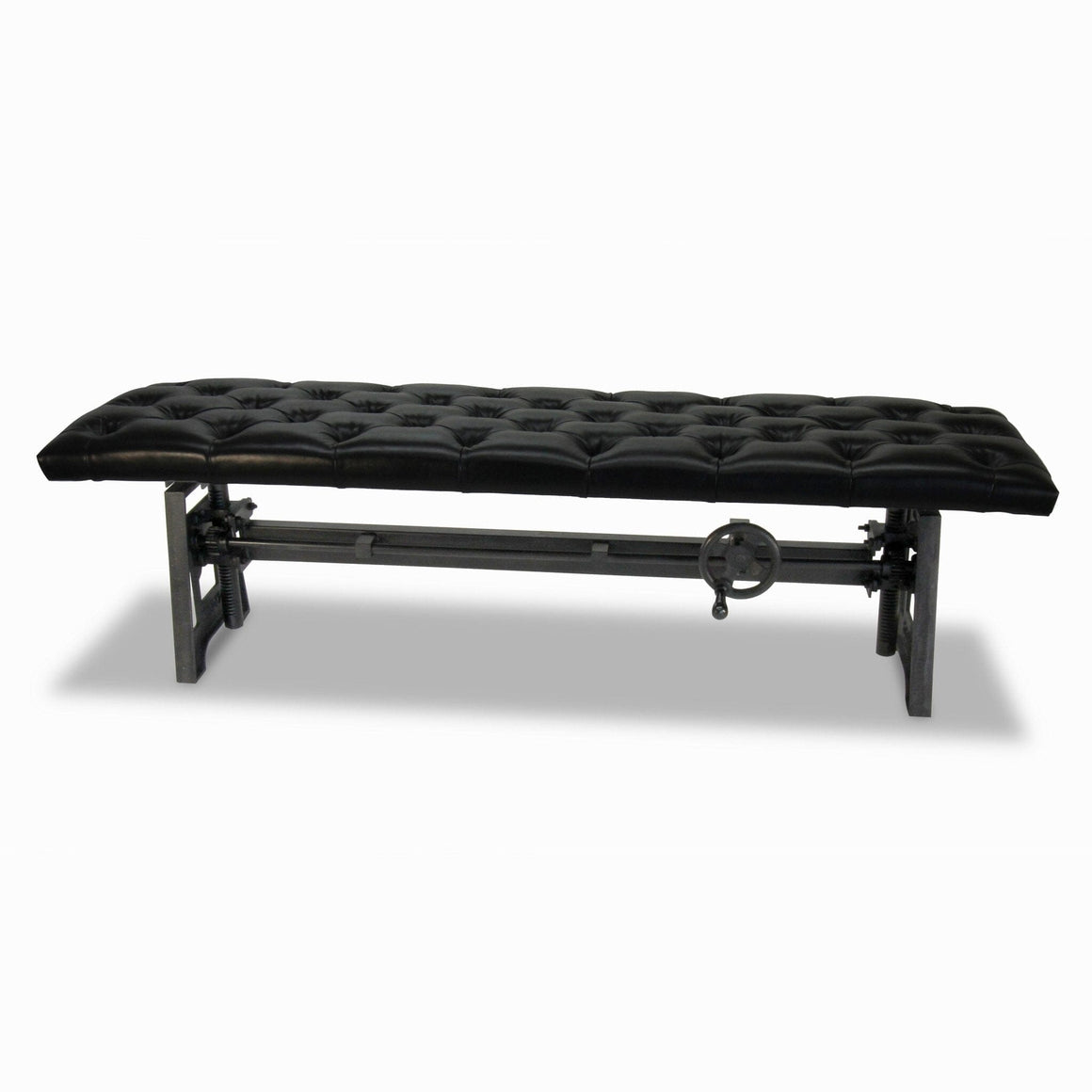 Industrial Dining Bench Seat - Cast Iron Base - Adjustable Black Leather Top - Rustic Deco Incorporated