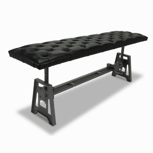 Industrial Dining Bench Seat - Cast Iron Base - Adjustable Height - Black Leather Top Bench Rustic Deco