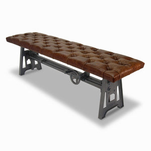 Industrial Dining Bench Seat - Cast Iron Base - Adjustable Brown Leather Top - Rustic Deco Incorporated