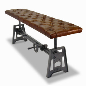 Industrial Dining Bench Seat - Cast Iron Base - Adjustable Brown Leather Top - Rustic Deco Incorporated