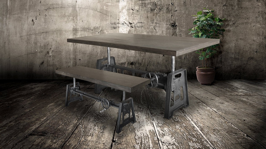 Industrial Dining Bench Seat - Cast Iron Base - Adjustable Height – Gray Top - Rustic Deco Incorporated