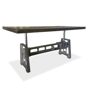 Industrial Dining Table - Cast Iron Base - Adjustable Height Crank - Ebony Top - Rustic Deco Incorporated