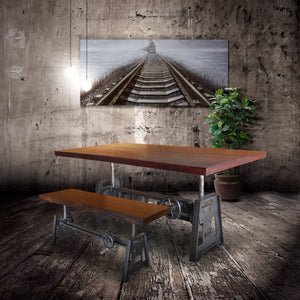 Industrial Dining Table - Cast Iron Base - Adjustable Height Crank - Mahogany - Rustic Deco Incorporated