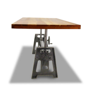 Industrial Dining Table - Cast Iron Base - Adjustable Height Crank - Natural Top - Rustic Deco Incorporated