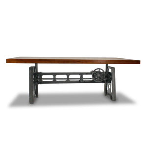 Industrial Dining Table - Cast Iron Base - Adjustable Height Crank - Natural Top - Rustic Deco Incorporated