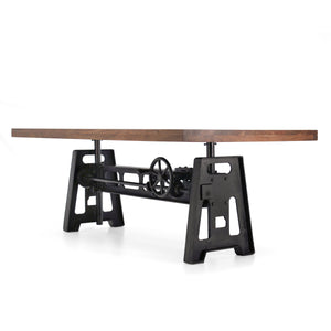Industrial Dining Table - Cast Iron Base - Adjustable Height Crank - Provincial Rustic Deco