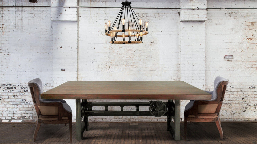 Industrial Dining Table - Cast Iron Base - Adjustable Height Crank - Walnut - Rustic Deco Incorporated