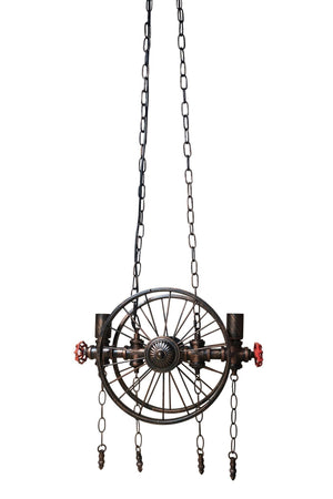 Industrial Pipe Valve Spoked Metal Wheel Pendant Light - Steampunk - Rustic Deco Incorporated