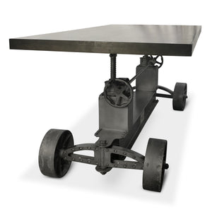 Industrial Trolley Dining Table - Iron Wheels - Adjustable Crank - Ebony Top - Rustic Deco Incorporated