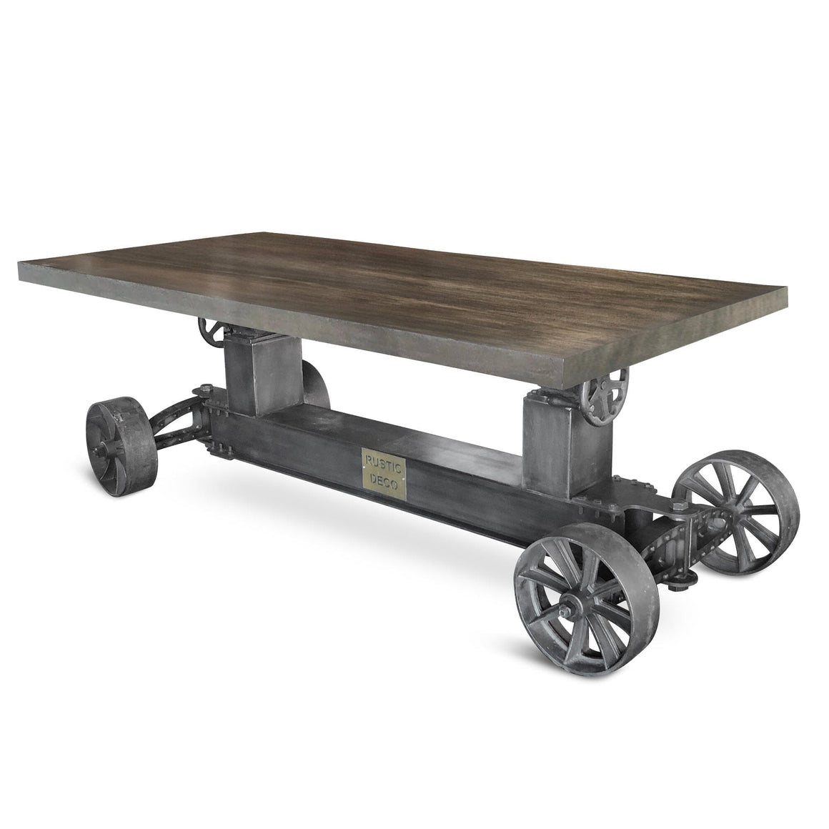 Industrial Trolley Dining Table - Iron Wheels - Adjustable Crank - Gray Top - Rustic Deco Incorporated