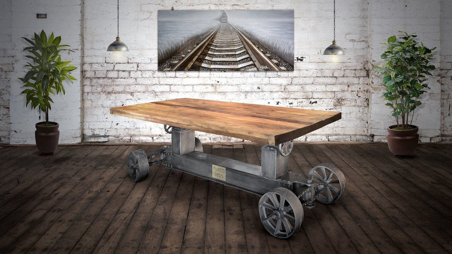 Industrial Trolley Dining Table - Iron Wheels Adjustable Crank - Natural Rustic - Rustic Deco Incorporated