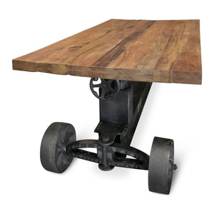 Industrial Trolley Dining Table - Iron Wheels Adjustable Crank - Natural Rustic - Rustic Deco Incorporated