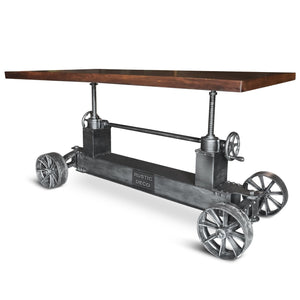 Industrial Trolley Dining Table - Iron Wheels Adjustable Height - Walnut - Rustic Deco Incorporated