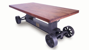 Industrial Trolley Dining Table - Iron Wheels - Adjustable Crank - Provincial Top - Rustic Deco Incorporated
