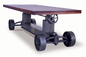 Industrial Trolley Dining Table - Iron Wheels - Adjustable Crank - Provincial Top - Rustic Deco Incorporated