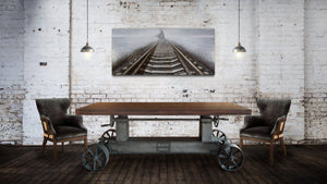 Industrial Trolley Table Desk Base - Iron Wheels - Adjustable Height - DIY - Rustic Deco Incorporated
