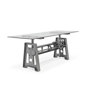 Industrial Writing Table Desk - Adjustable Height Iron Base - Glass Top - Rustic Deco Incorporated