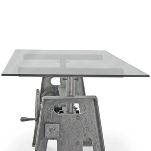 Industrial Writing Table Desk - Adjustable Height Iron Base - Glass Top - Rustic Deco Incorporated