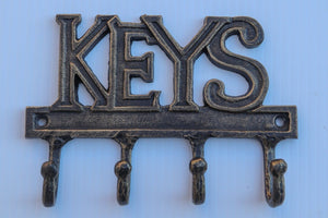 KEYS Entryway Wall Hanger - Cast Iron Metal - Key Organizer - 4 Hooks - Rustic Deco Incorporated