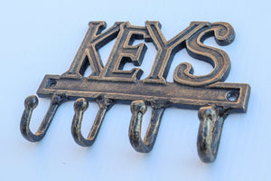 KEYS Entryway Wall Hanger - Cast Iron Metal - Key Organizer - 4 Hooks - Rustic Deco Incorporated