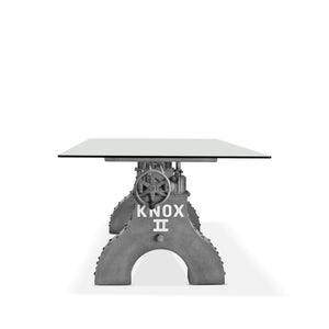 KNOX II Adjustable Dining Table - Embossed Cast Iron Base - Glass Top Dining Table Rustic Deco