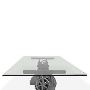 KNOX II Adjustable Dining Table - Embossed Cast Iron Base - Glass Top Dining Table Rustic Deco