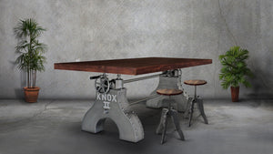 KNOX II Adjustable Dining Table - Embossed Cast Iron Base - Rustic Mahogany Dining Table Rustic Deco