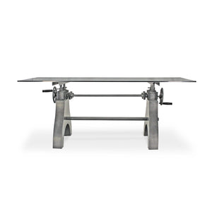 KNOX Industrial Writing Table Desk - Adjustable Height Iron Base - Glass Top - Rustic Deco Incorporated