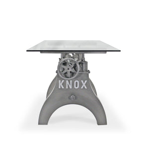 KNOX Industrial Writing Table Desk - Adjustable Height Iron Base - Glass Top - Rustic Deco Incorporated