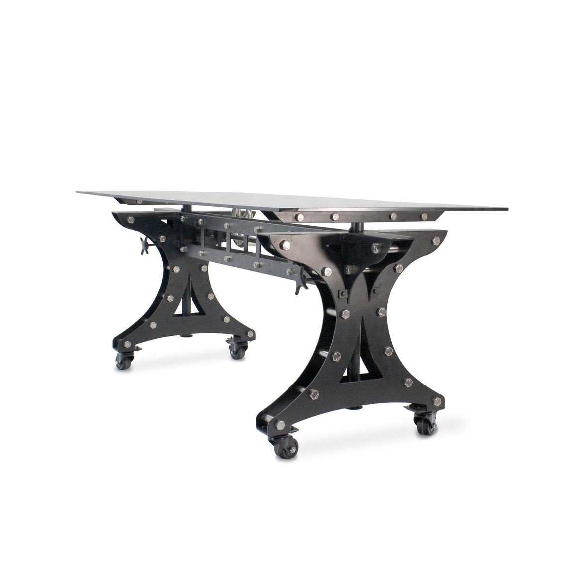 Longeron Dining Table Desk - Adjustable Height - Nickel - Casters - Glass Top - Rustic Deco Incorporated