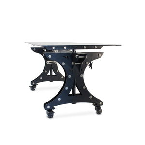 Longeron Dining Table Desk - Adjustable Height - Nickel - Casters - Glass Top - Rustic Deco Incorporated