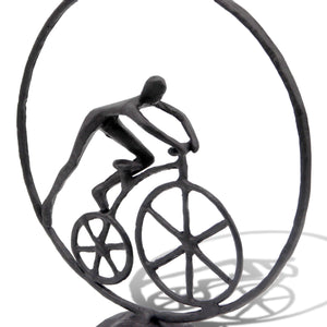 Man in Circle Bicycle Sculpture - Metal Figurine - Cast Iron - Abstract Art - Rustic Deco Incorporated