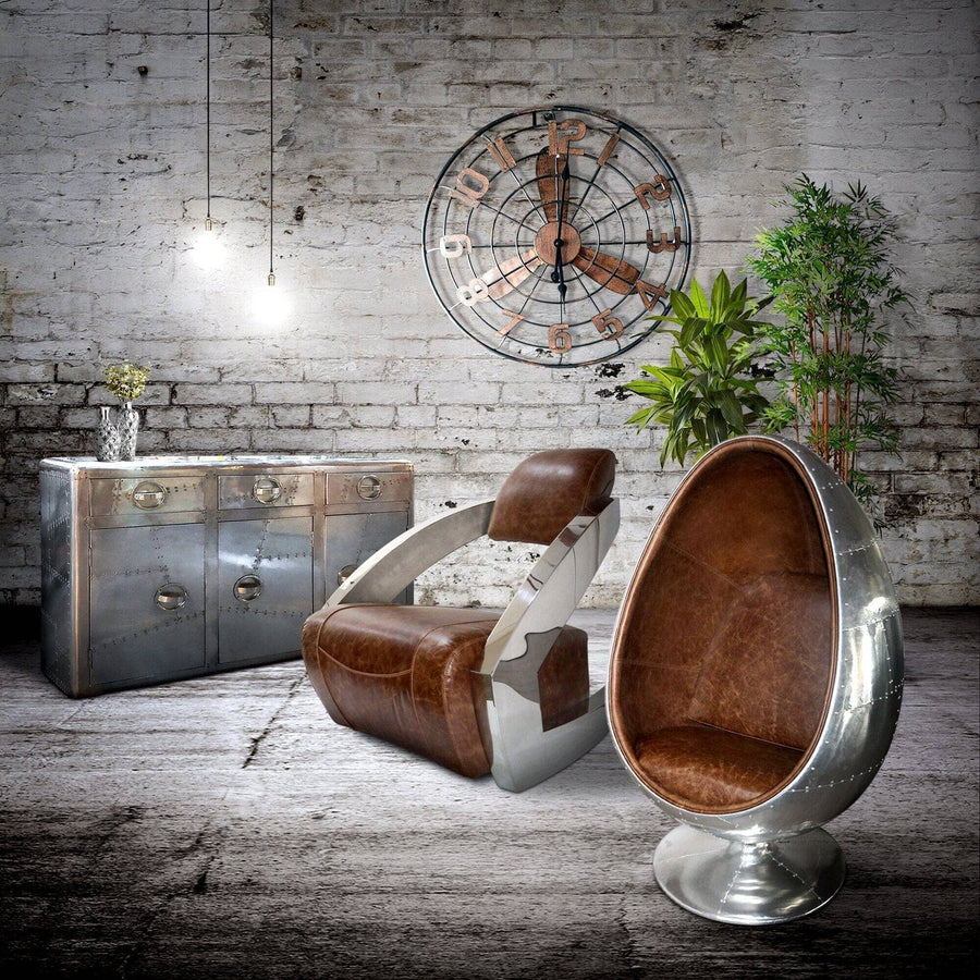Modern Aviator Leisure Chair - Polished Chrome - Genuine Distress Leather - Rustic Deco Incorporated