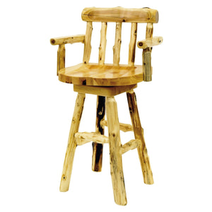 Natural Cedar Log Counter Stool with back and arms - 24" high - Wood Seat - Rustic Deco Incorporated